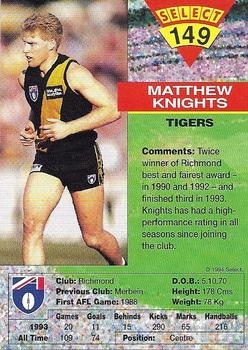 1994 Select AFL #149 Matthew Knights Back